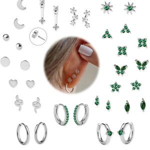 Silver and Green Earring Set | 14 pairs, Never worn